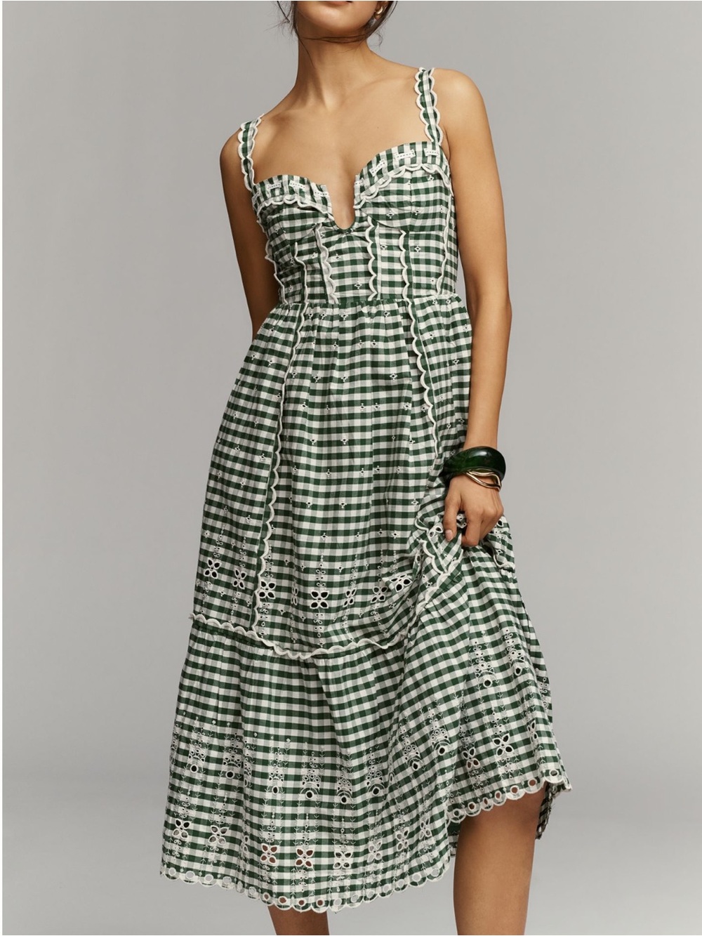 Anthropologie Sleeveless Sweetheart Midi Dress New White Green Gingham